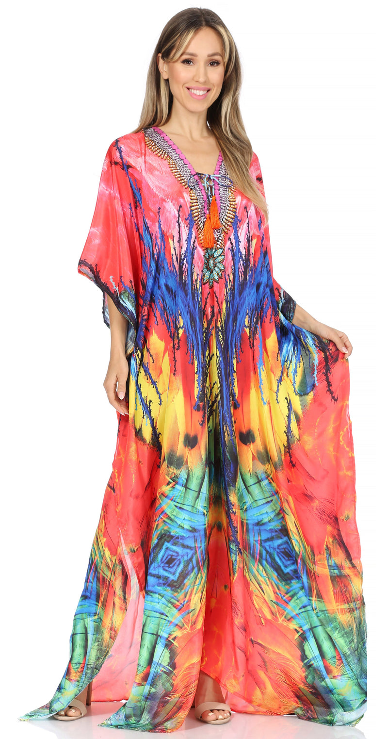 Sakkas  Georgettina Flowy  Rhinestone V Neck Long Caftan Dress / Cover Up