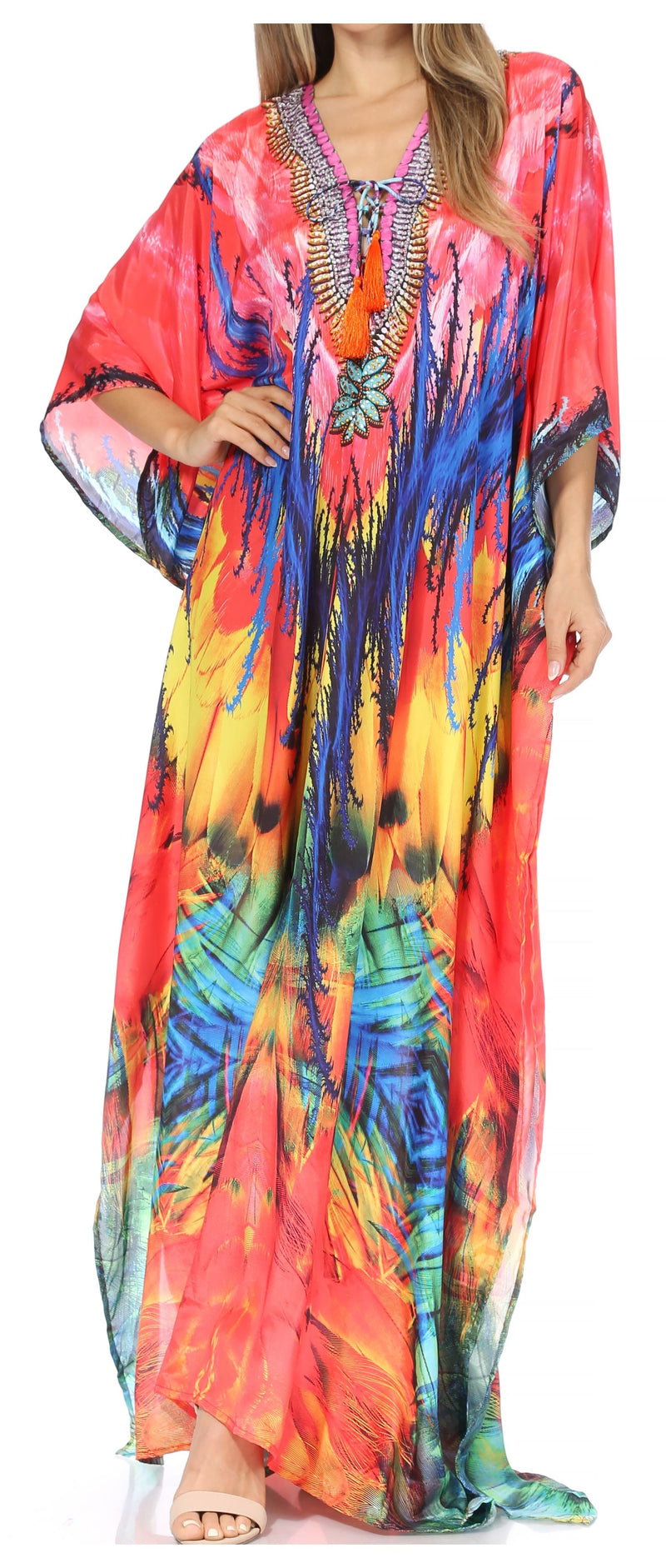 Sakkas  Georgettina Flowy  Rhinestone V Neck Long Caftan Dress / Cover Up