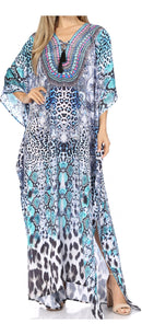 Sakkas  Georgettina Flowy  Rhinestone V Neck Long Caftan Dress / Cover Up