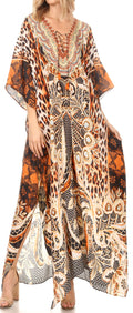 Sakkas  Georgettina Flowy  Rhinestone V Neck Long Caftan Dress / Cover Up#color_CTO247-Orange