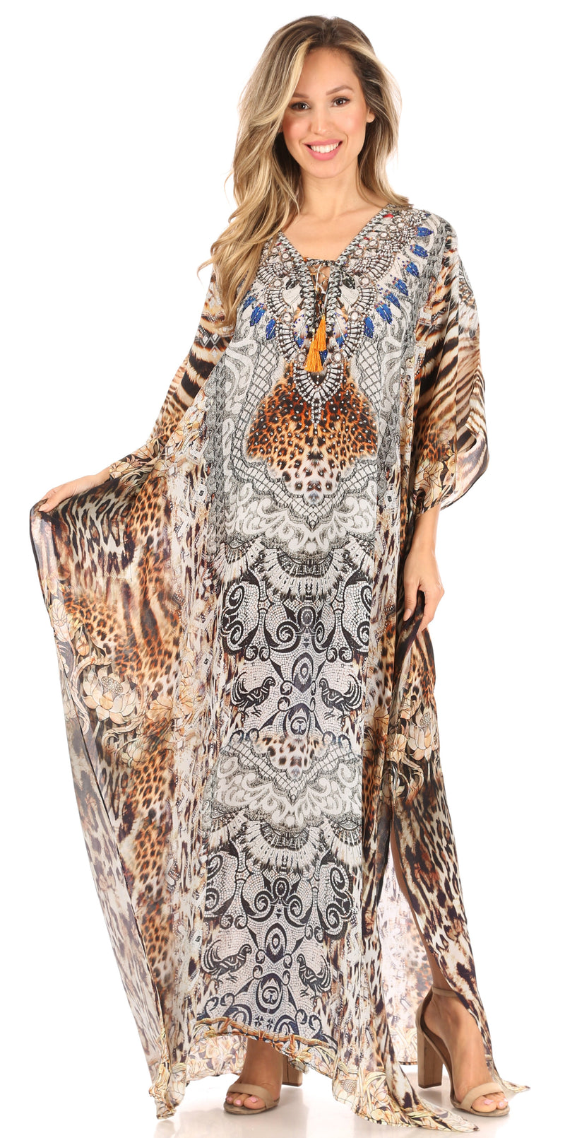 Sakkas  Georgettina Flowy  Rhinestone V Neck Long Caftan Dress / Cover Up