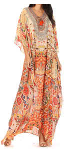 Sakkas  Georgettina Flowy  Rhinestone V Neck Long Caftan Dress / Cover Up