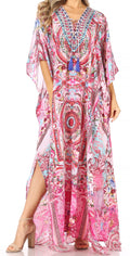 Sakkas  Georgettina Flowy  Rhinestone V Neck Long Caftan Dress / Cover Up#color_ORPI272-Pink