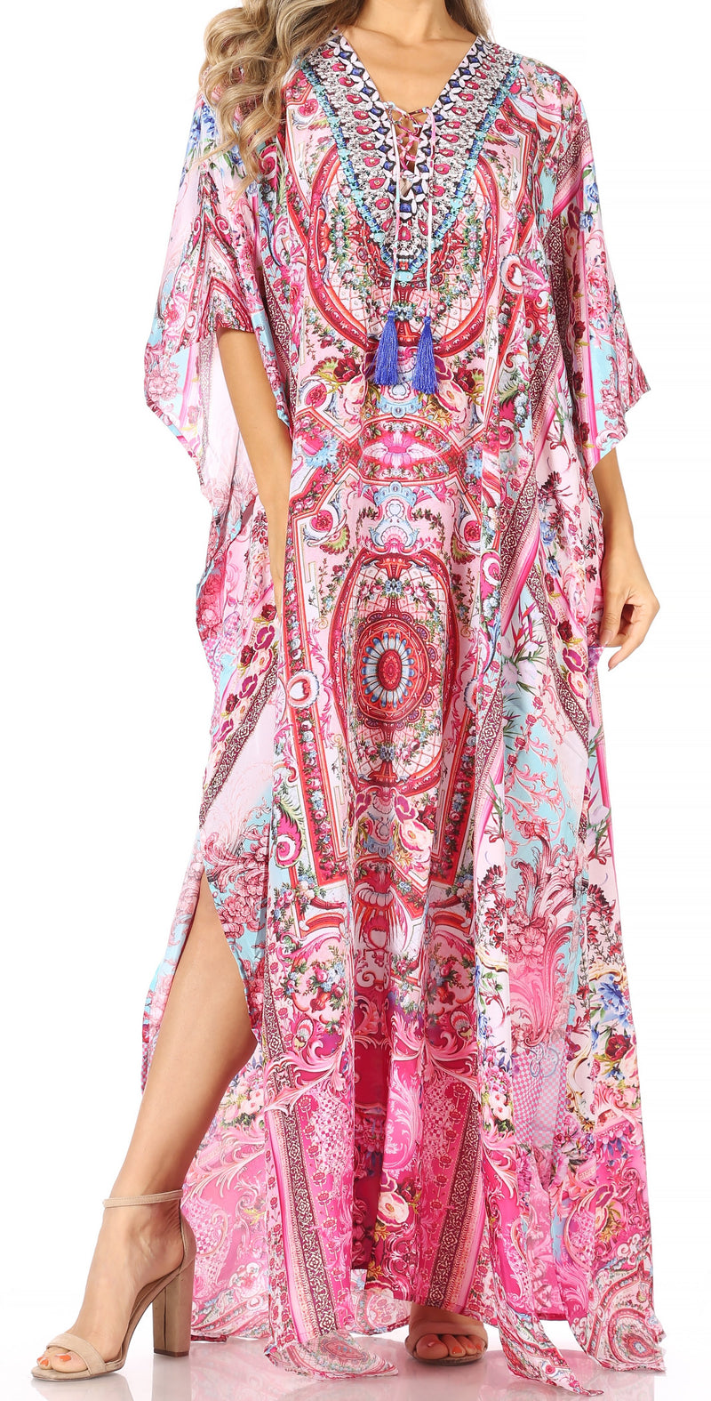 Sakkas  Georgettina Flowy  Rhinestone V Neck Long Caftan Dress / Cover Up