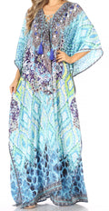 Sakkas  Georgettina Flowy  Rhinestone V Neck Long Caftan Dress / Cover Up#color_TRG225-Green