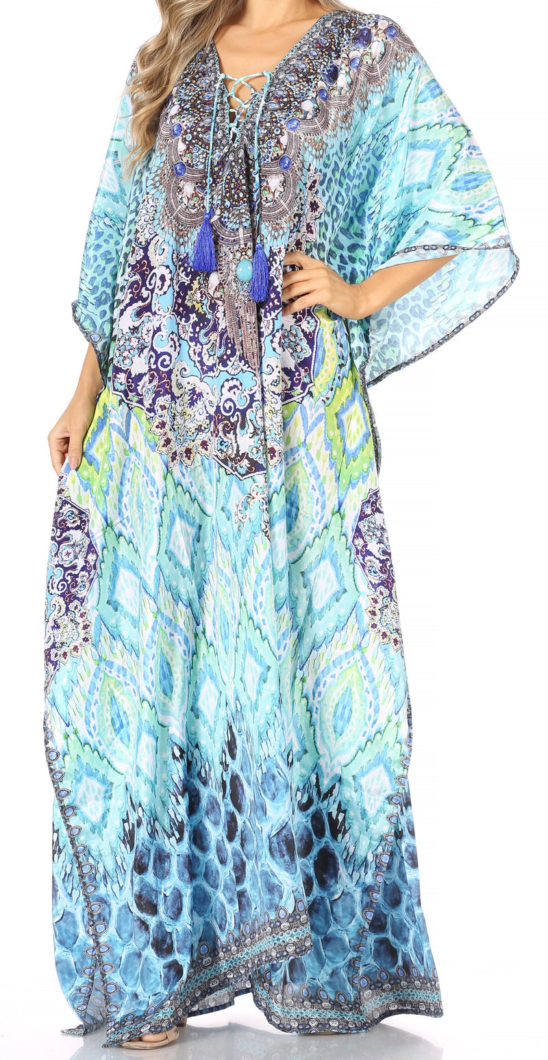 Sakkas  Georgettina Flowy  Rhinestone V Neck Long Caftan Dress / Cover Up