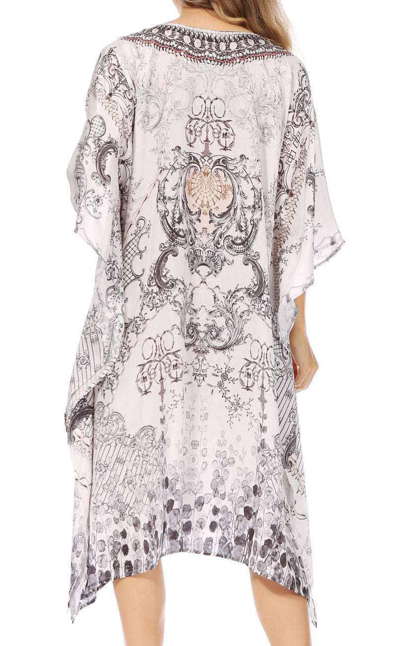 Sakkas Miui Ligthweight Rhinestone V Neck Printed Short Caftan Dress / Cover Up