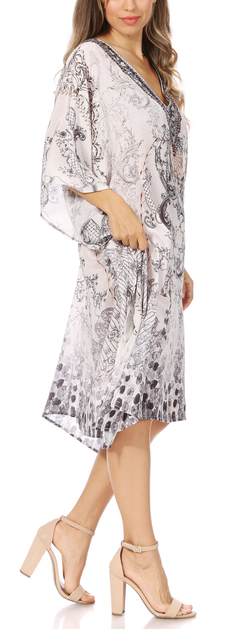 Sakkas Miui Ligthweight Rhinestone V Neck Printed Short Caftan Dress / Cover Up