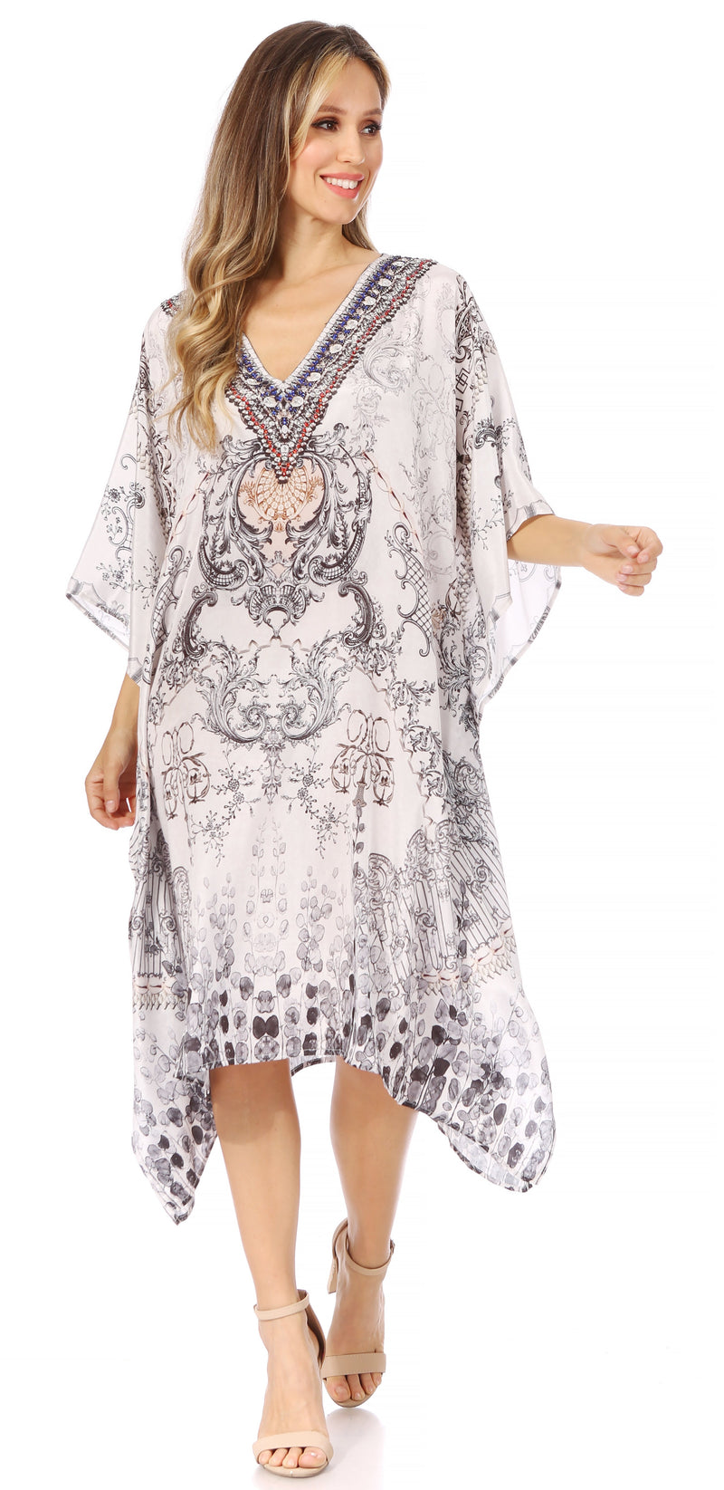 Sakkas Miui Ligthweight Rhinestone V Neck Printed Short Caftan Dress / Cover Up