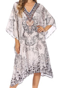 Sakkas Miui Ligthweight Rhinestone V Neck Printed Short Caftan Dress / Cover Up#color_496