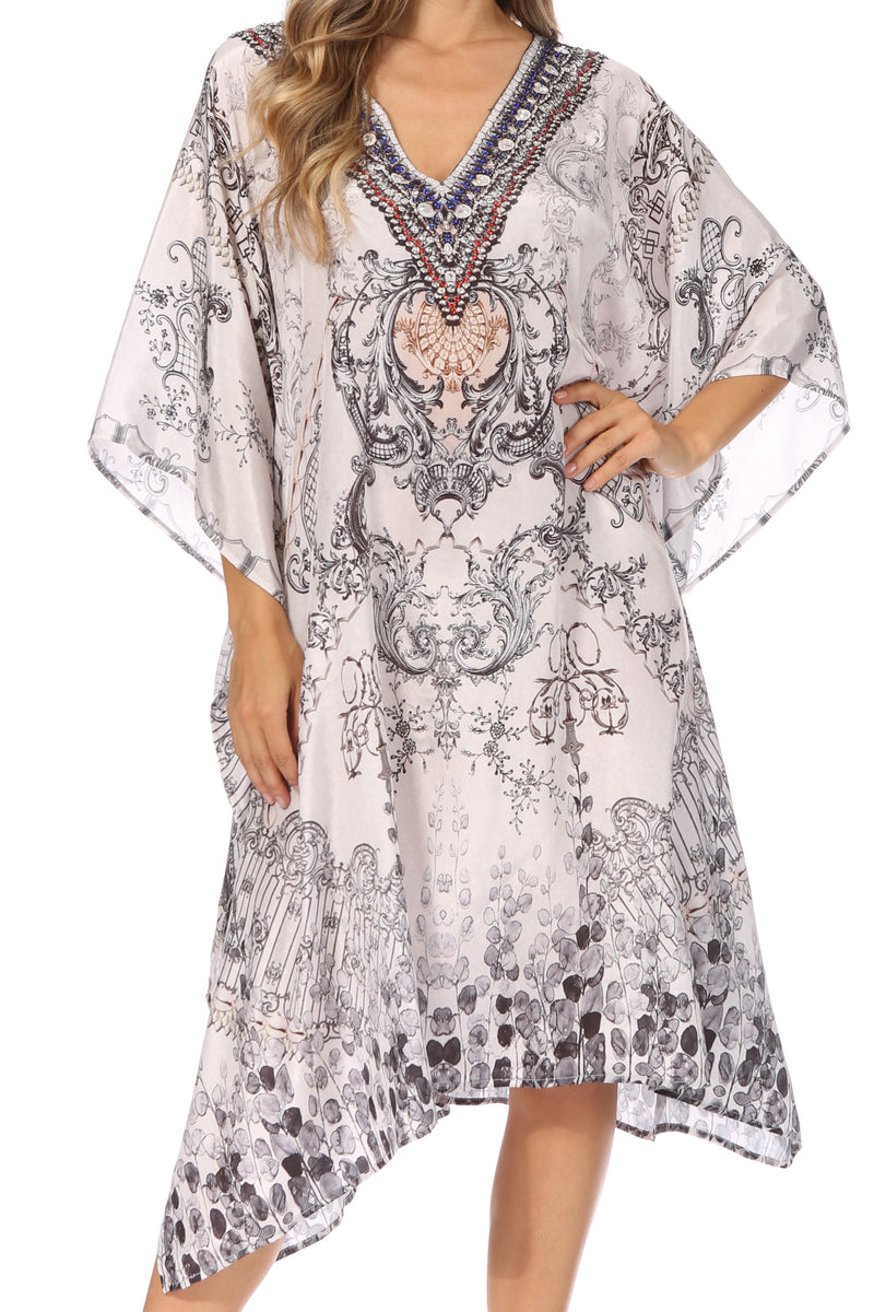 Sakkas Miui Ligthweight Rhinestone V Neck Printed Short Caftan Dress / Cover Up