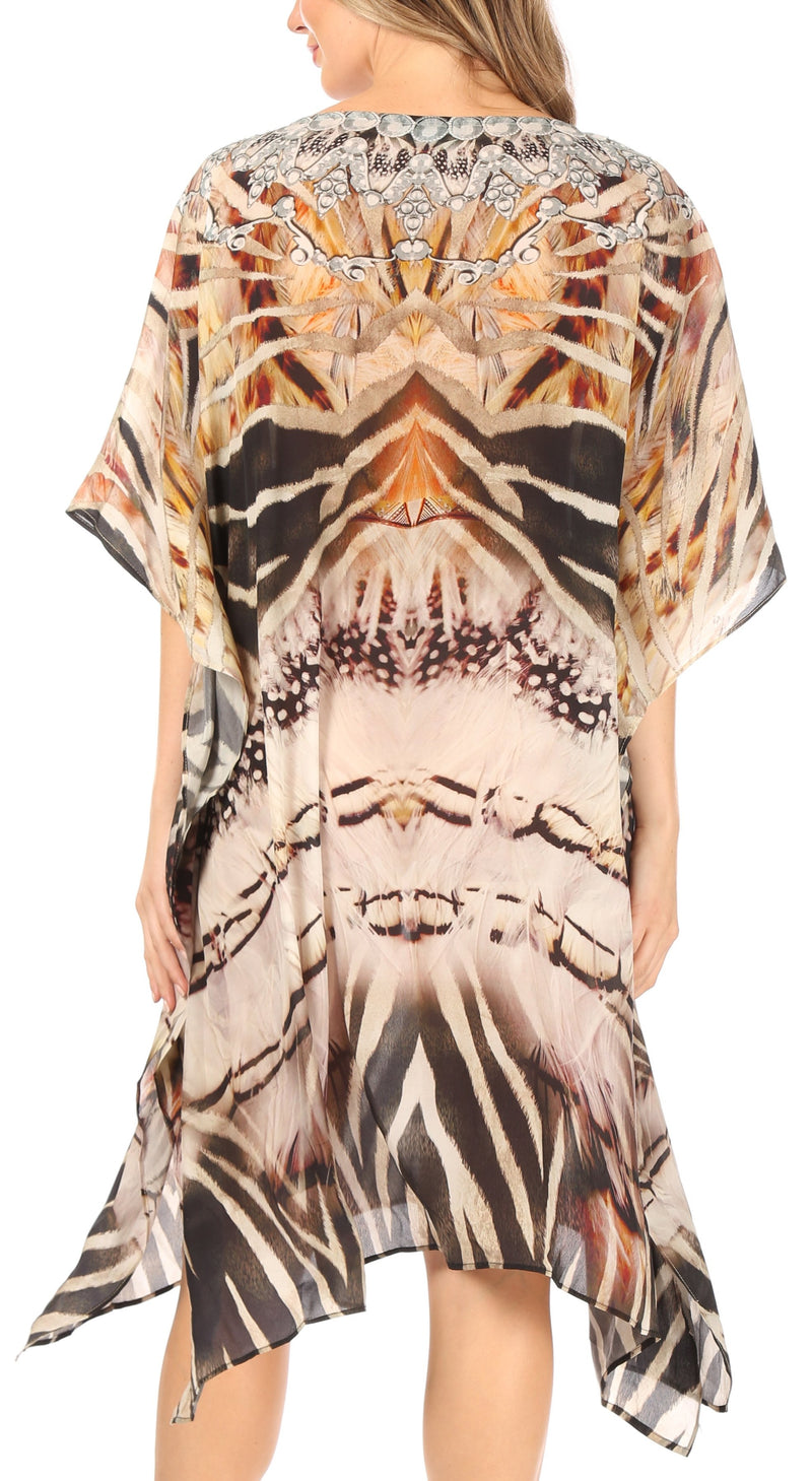 Sakkas Miui Ligthweight Rhinestone V Neck Printed Short Caftan Dress / Cover Up