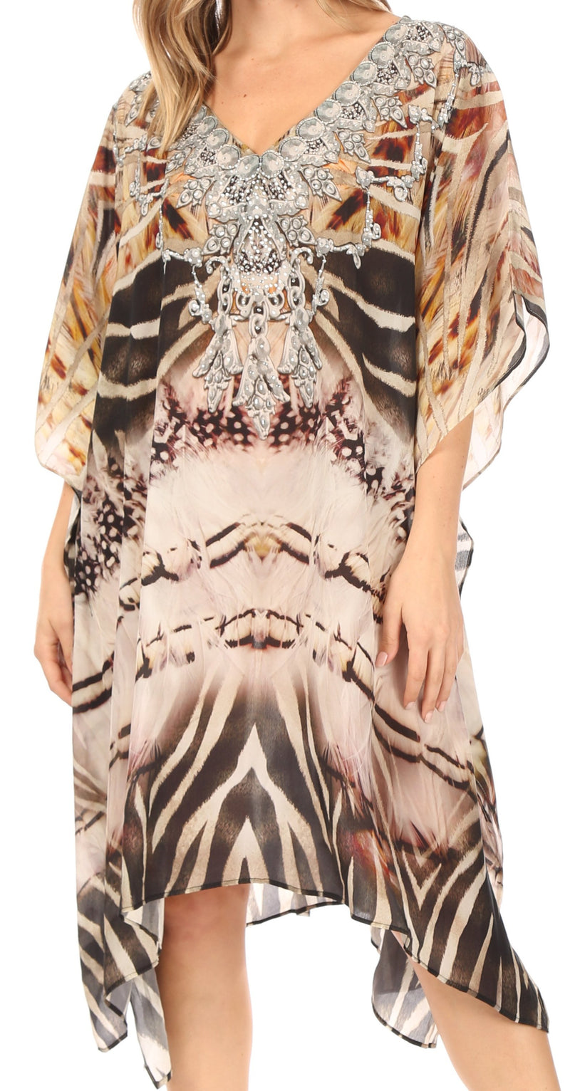 Sakkas Miui Ligthweight Rhinestone V Neck Printed Short Caftan Dress / Cover Up