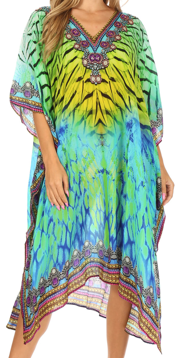 Sakkas MiuMiu Ligthweight Summer Printed Short Caftan Dress / Cover Up#color_GreenMulti