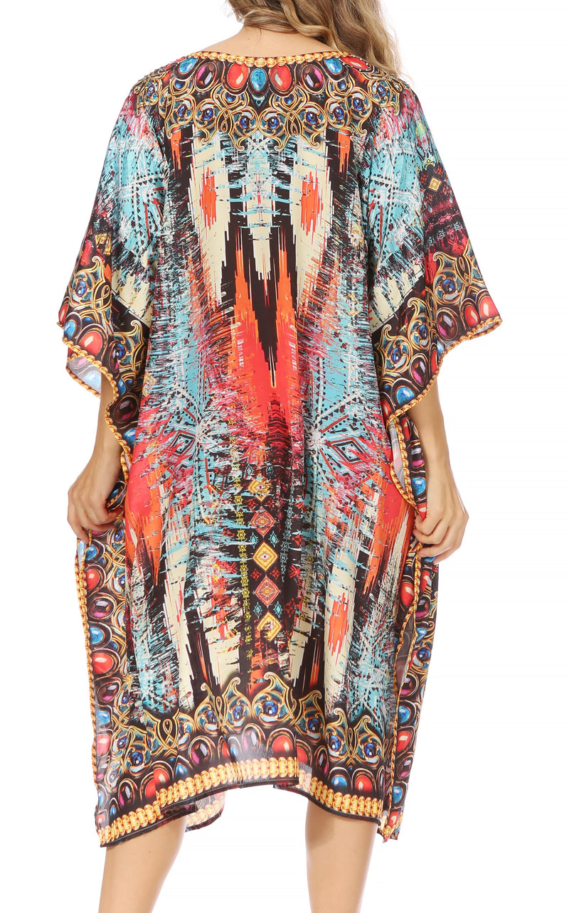 Sakkas Miui Ligthweight Rhinestone V Neck Printed Short Caftan Dress / Cover Up