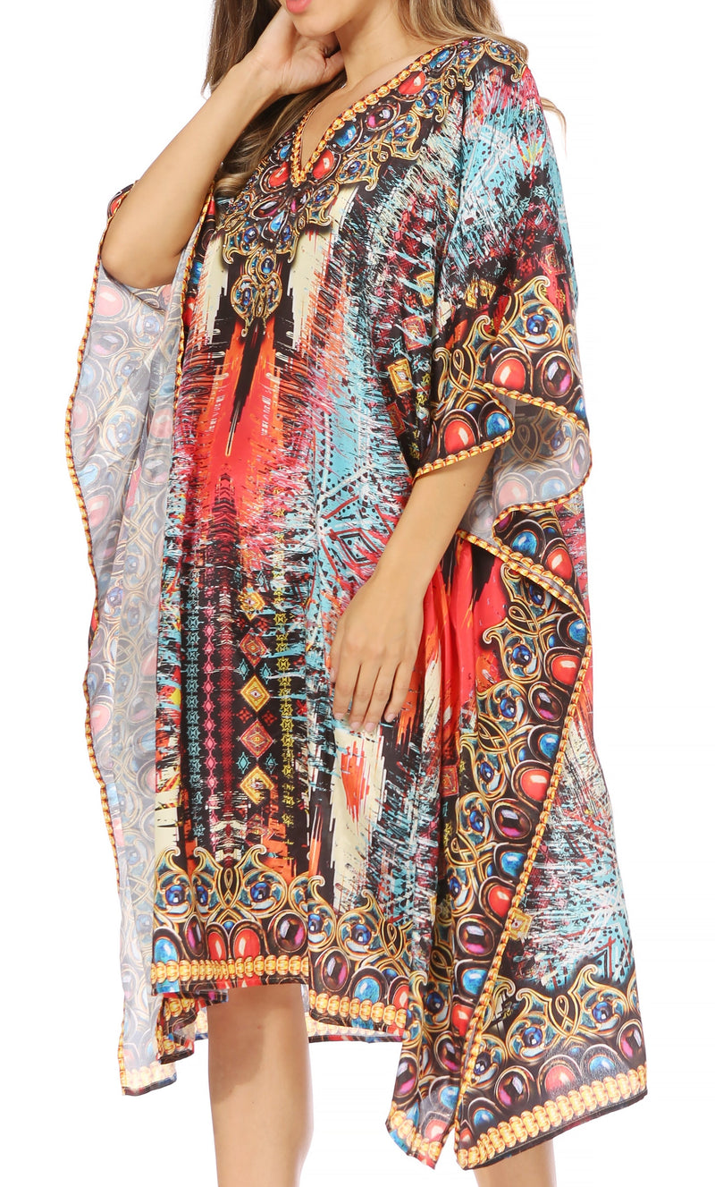 Sakkas Miui Ligthweight Rhinestone V Neck Printed Short Caftan Dress / Cover Up