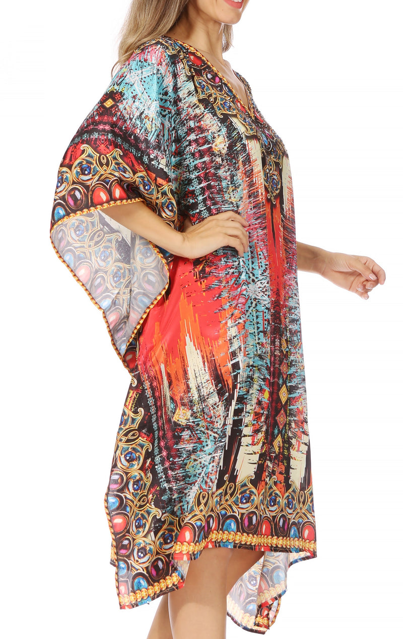 Sakkas Miui Ligthweight Rhinestone V Neck Printed Short Caftan Dress / Cover Up