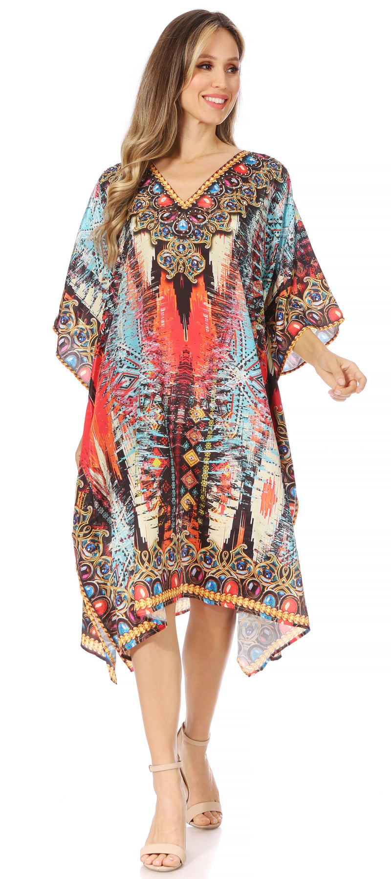 Sakkas Miui Ligthweight Rhinestone V Neck Printed Short Caftan Dress / Cover Up