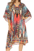 Sakkas Miui Ligthweight Rhinestone V Neck Printed Short Caftan Dress / Cover Up#color_AM107-Multi