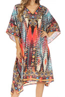 Sakkas Miui Ligthweight Rhinestone V Neck Printed Short Caftan Dress / Cover Up