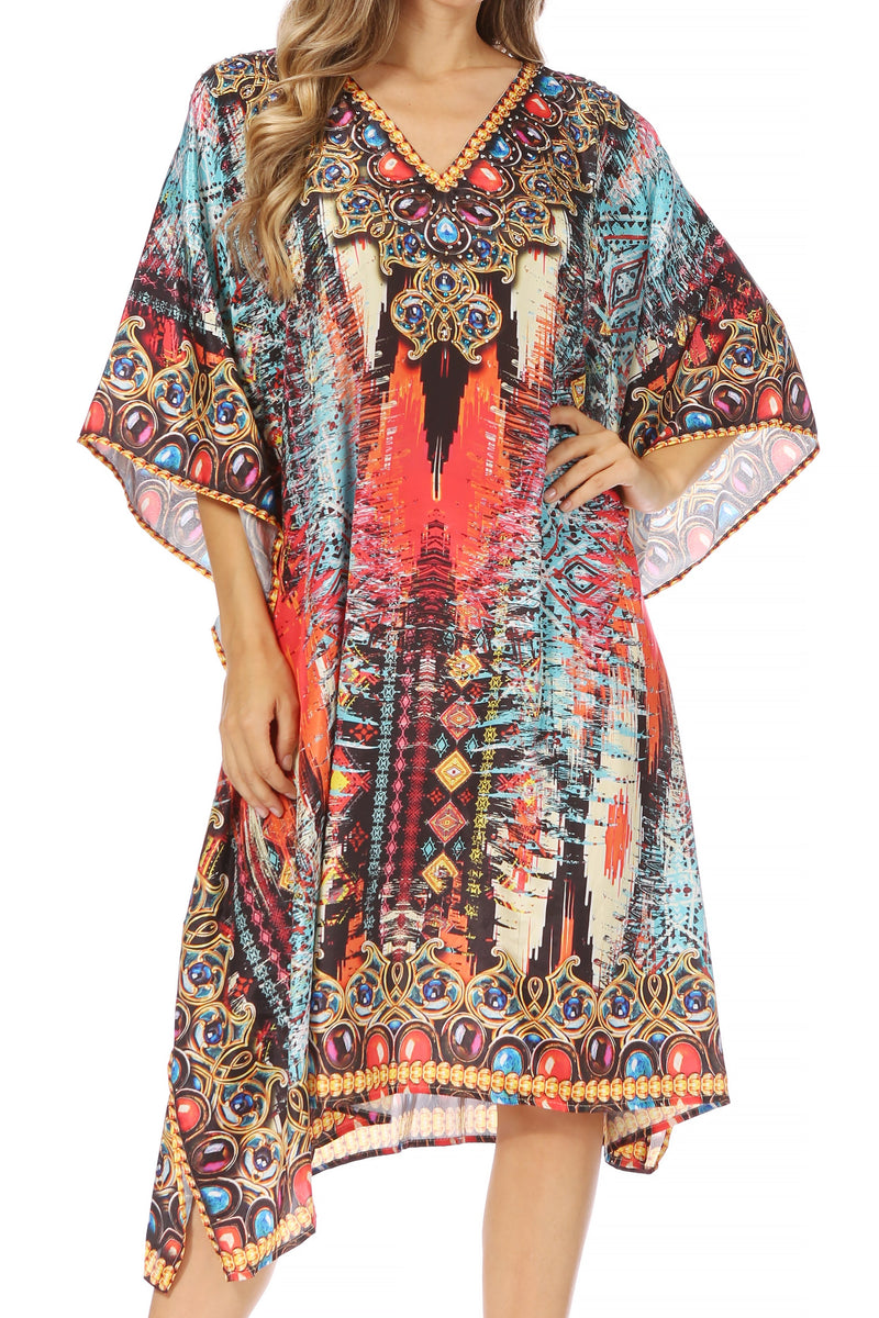 Sakkas Miui Ligthweight Rhinestone V Neck Printed Short Caftan Dress / Cover Up