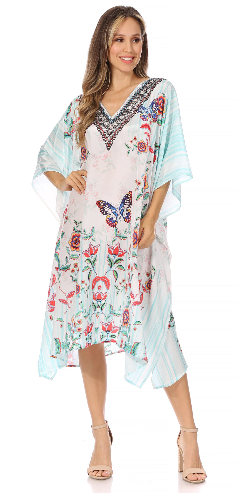 Sakkas Miui Ligthweight Rhinestone V Neck Printed Short Caftan Dress / Cover Up