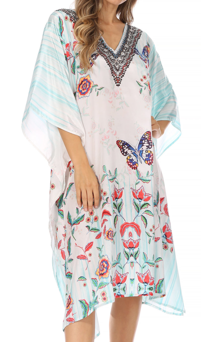 Sakkas Miui Ligthweight Rhinestone V Neck Printed Short Caftan Dress / Cover Up