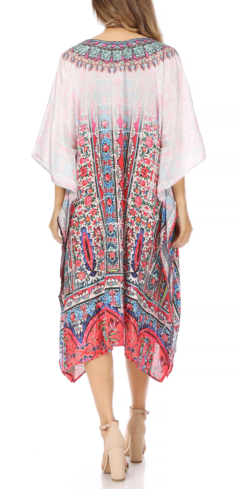 Sakkas Miui Ligthweight Rhinestone V Neck Printed Short Caftan Dress / Cover Up