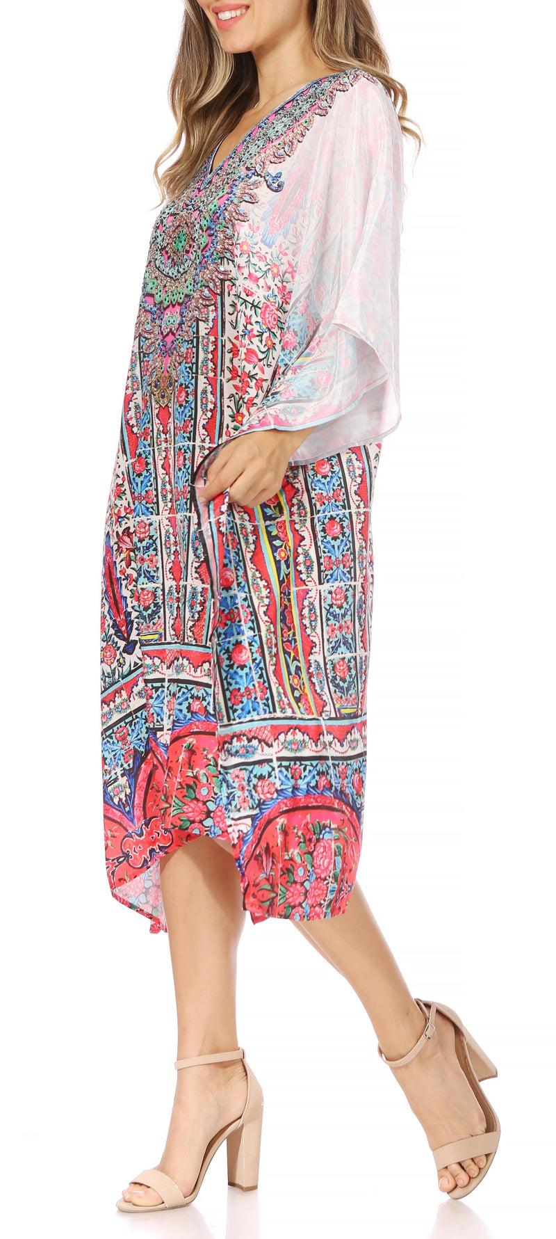 Sakkas Miui Ligthweight Rhinestone V Neck Printed Short Caftan Dress / Cover Up