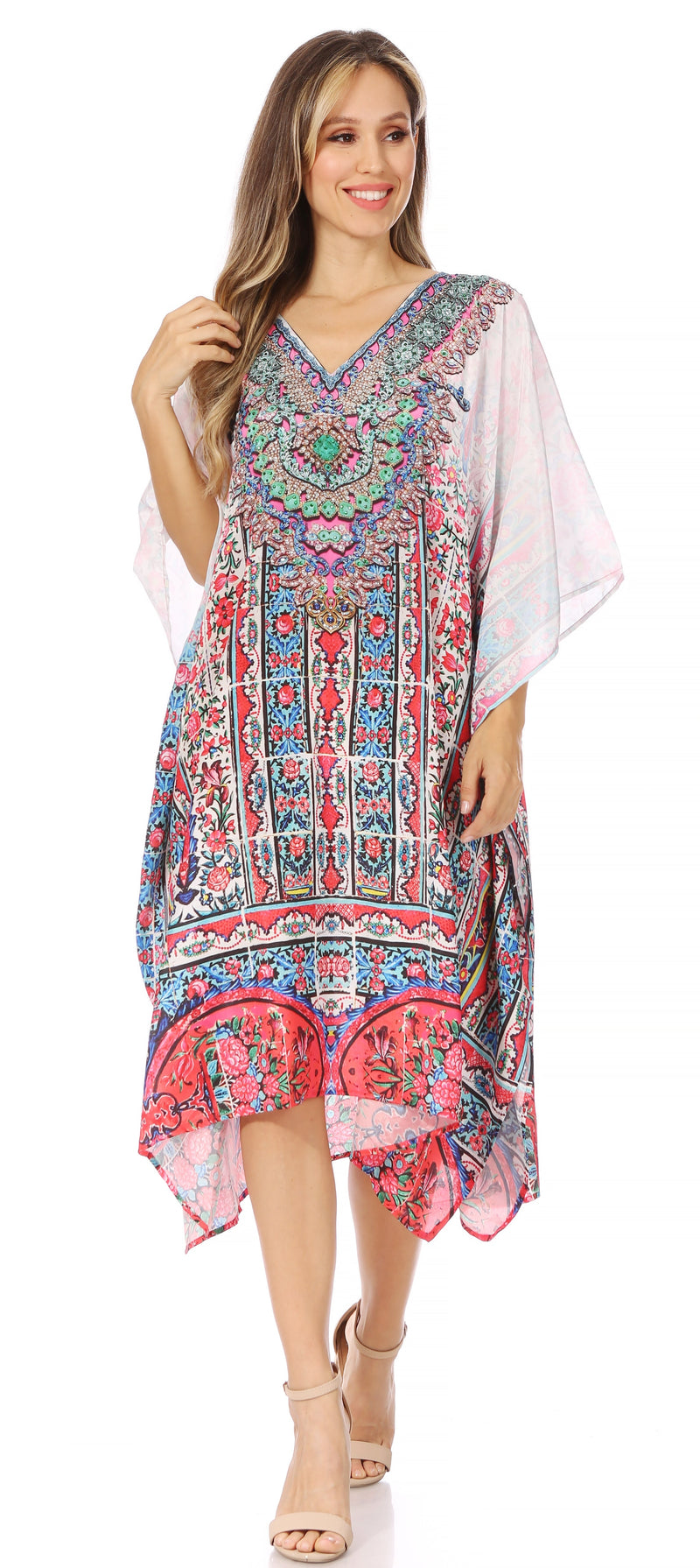 Sakkas Miui Ligthweight Rhinestone V Neck Printed Short Caftan Dress / Cover Up