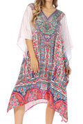 Sakkas Miui Ligthweight Rhinestone V Neck Printed Short Caftan Dress / Cover Up#color_FOW210-White