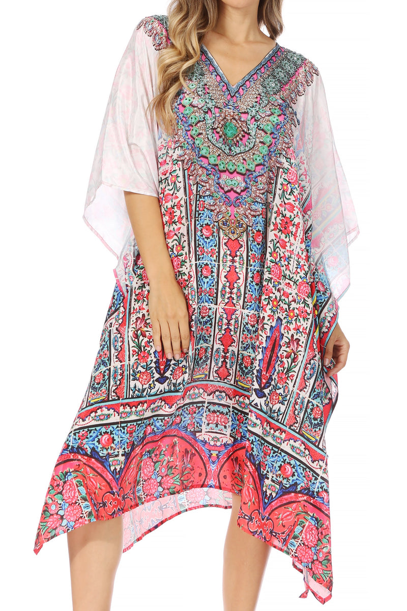 Sakkas Miui Ligthweight Rhinestone V Neck Printed Short Caftan Dress / Cover Up