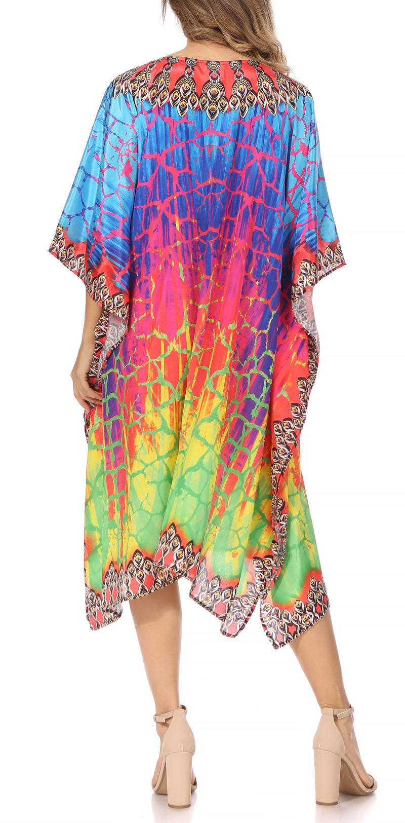 Sakkas Miui Ligthweight Rhinestone V Neck Printed Short Caftan Dress / Cover Up