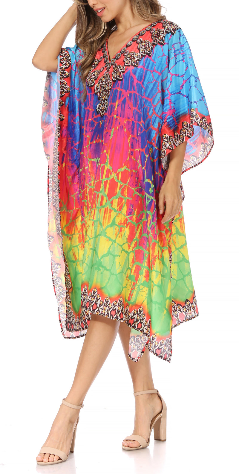 Sakkas Miui Ligthweight Rhinestone V Neck Printed Short Caftan Dress / Cover Up