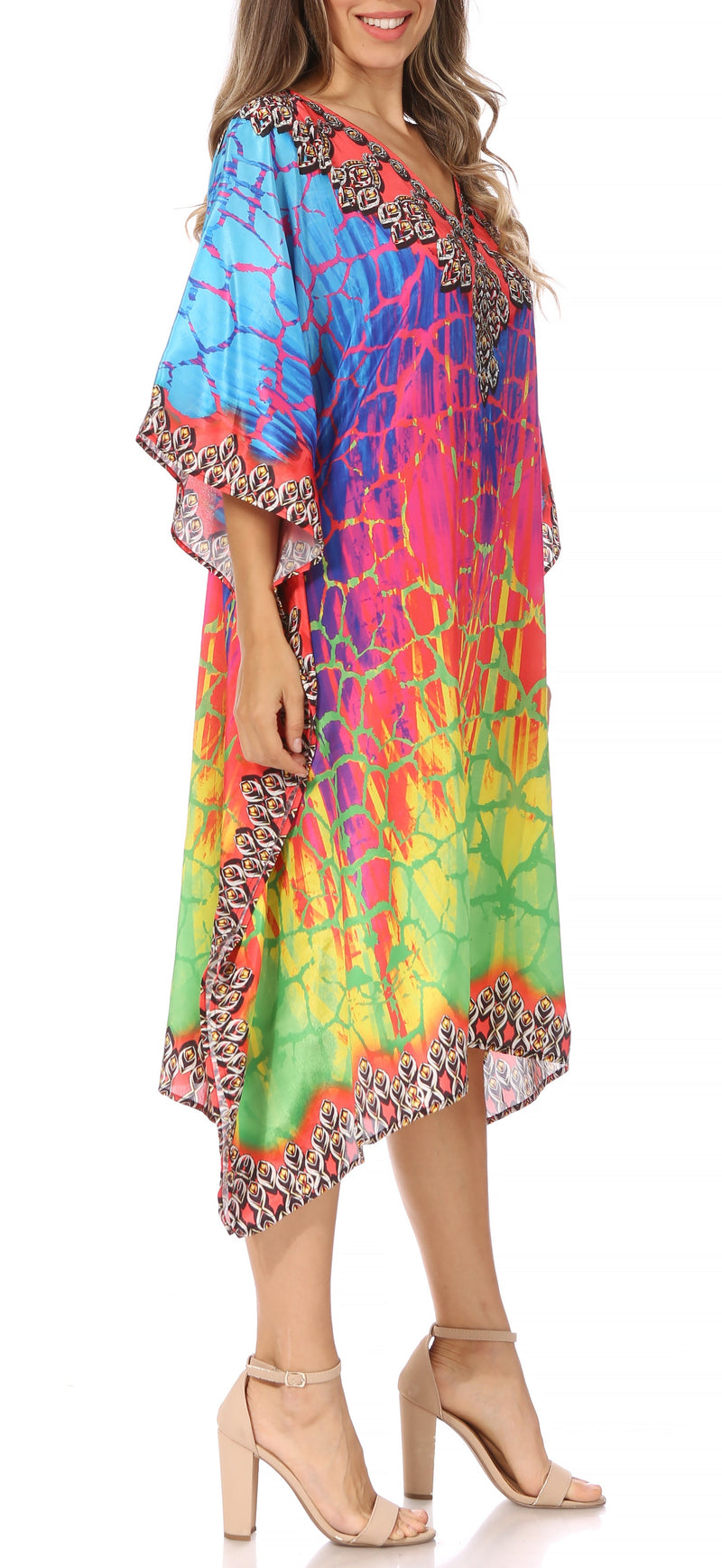 Sakkas Miui Ligthweight Rhinestone V Neck Printed Short Caftan Dress / Cover Up