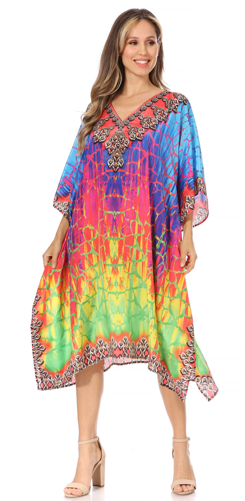 Sakkas Miui Ligthweight Rhinestone V Neck Printed Short Caftan Dress / Cover Up