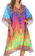 Sakkas Miui Ligthweight Rhinestone V Neck Printed Short Caftan Dress / Cover Up#color_JM91-Multi