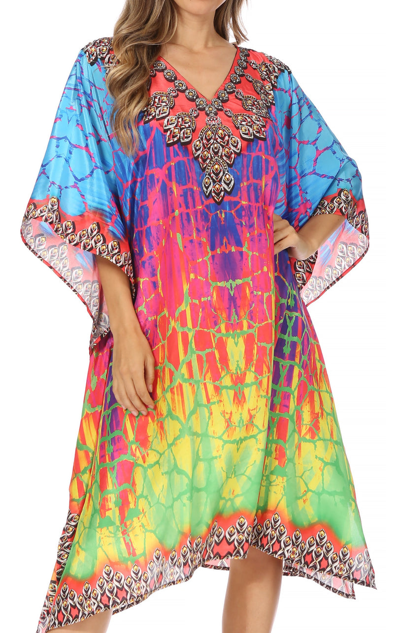 Sakkas Miui Ligthweight Rhinestone V Neck Printed Short Caftan Dress / Cover Up