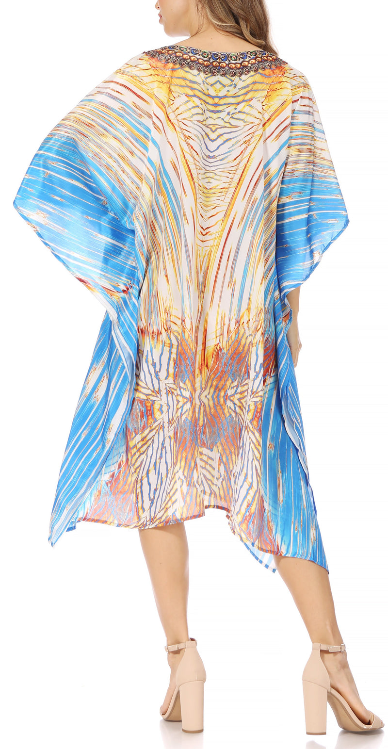 Sakkas Miui Ligthweight Rhinestone V Neck Printed Short Caftan Dress / Cover Up