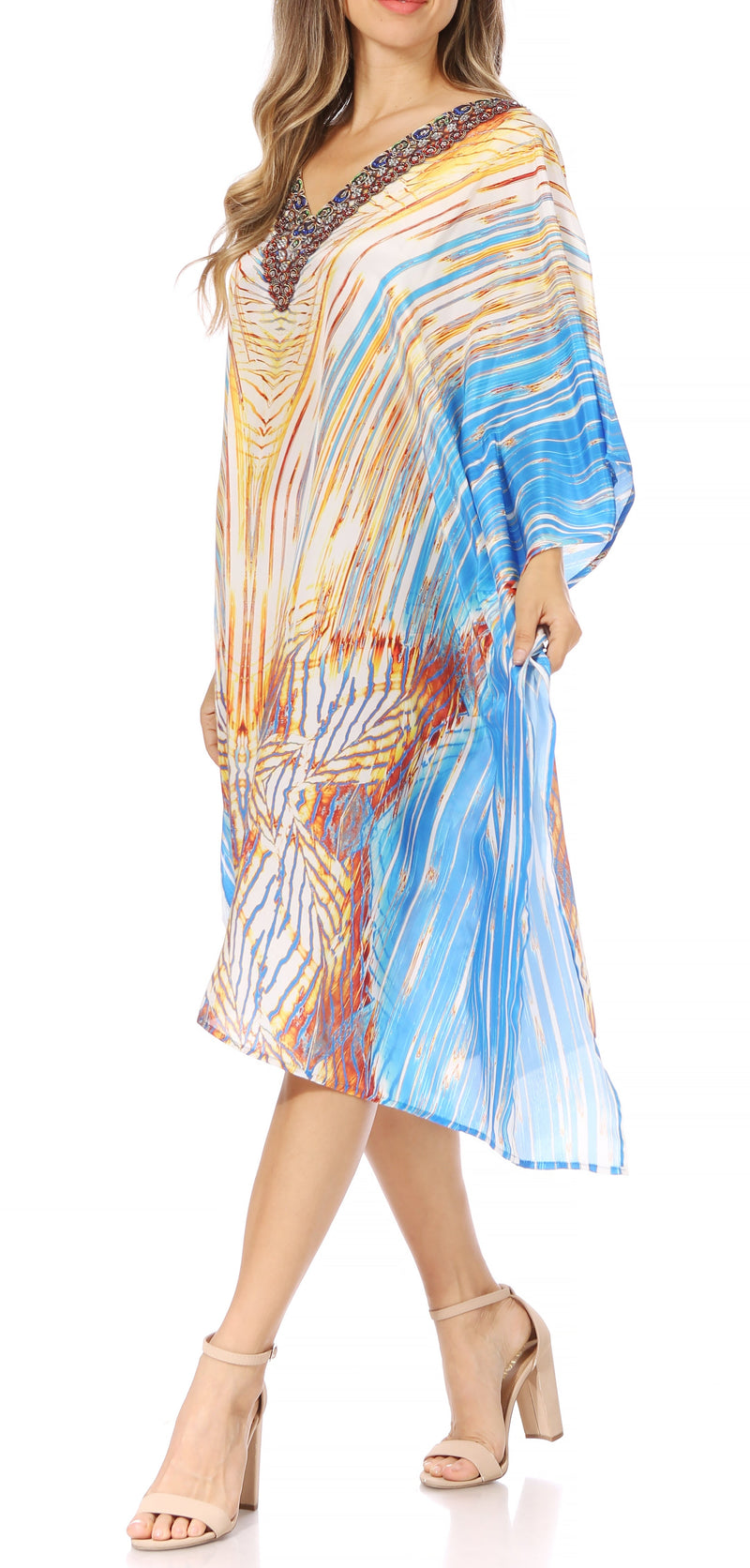 Sakkas Miui Ligthweight Rhinestone V Neck Printed Short Caftan Dress / Cover Up