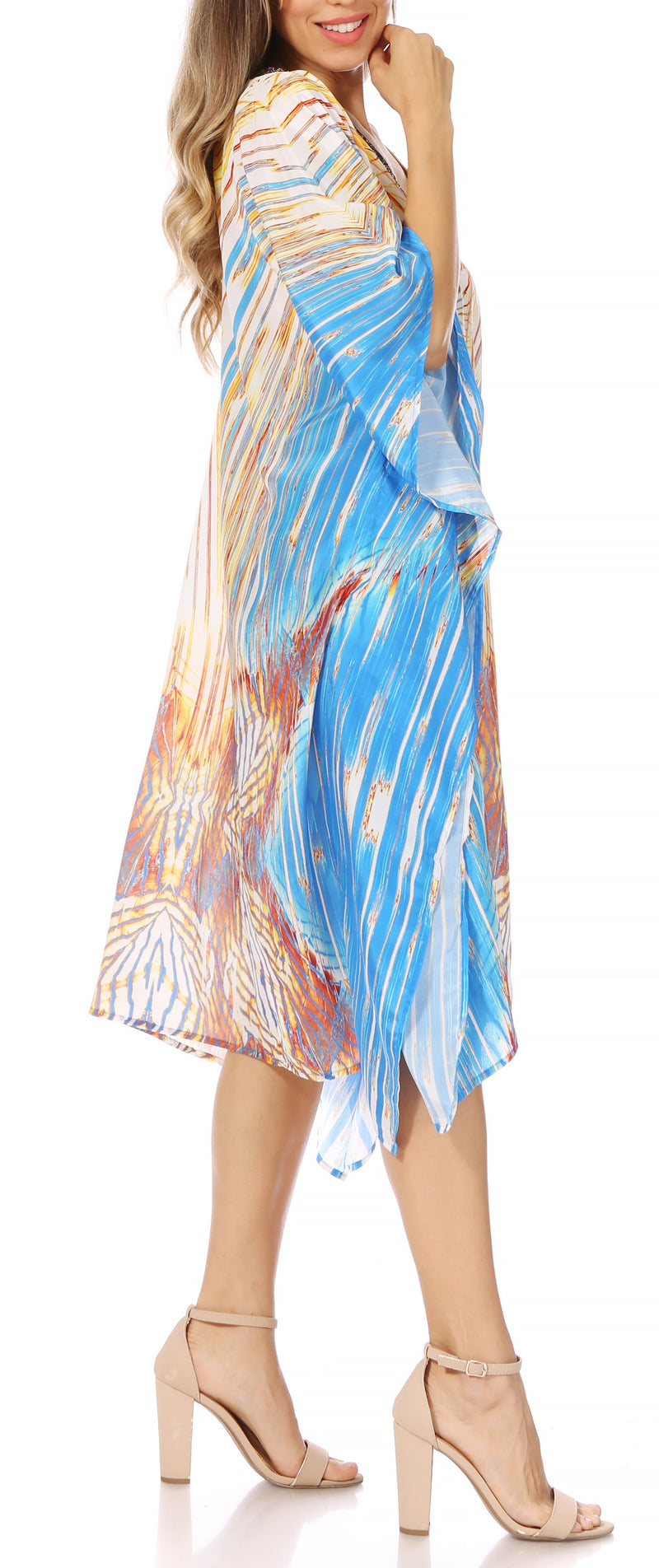 Sakkas Miui Ligthweight Rhinestone V Neck Printed Short Caftan Dress / Cover Up