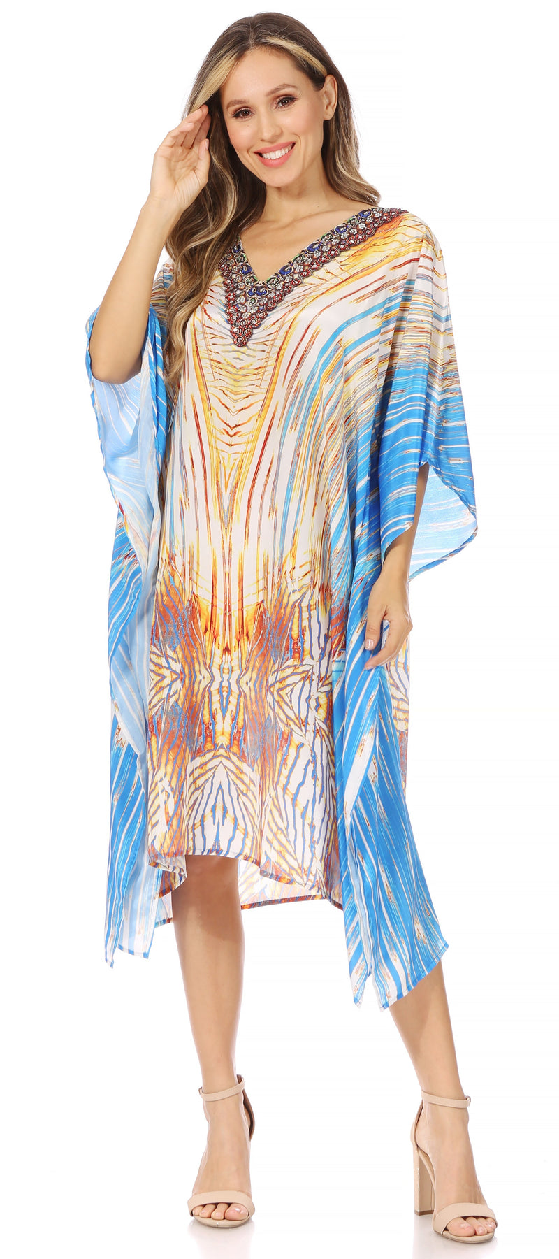 Sakkas Miui Ligthweight Rhinestone V Neck Printed Short Caftan Dress / Cover Up