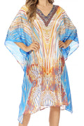 Sakkas Miui Ligthweight Rhinestone V Neck Printed Short Caftan Dress / Cover Up#color_LM98-Multi