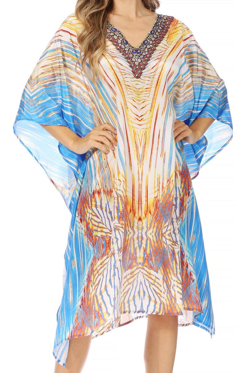 Sakkas Miui Ligthweight Rhinestone V Neck Printed Short Caftan Dress / Cover Up