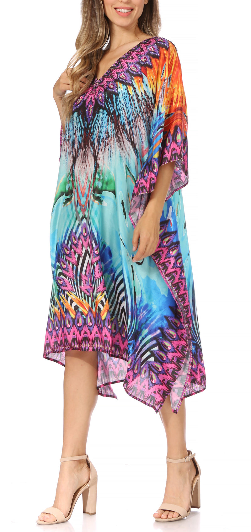 Sakkas Miui Ligthweight Rhinestone V Neck Printed Short Caftan Dress / Cover Up