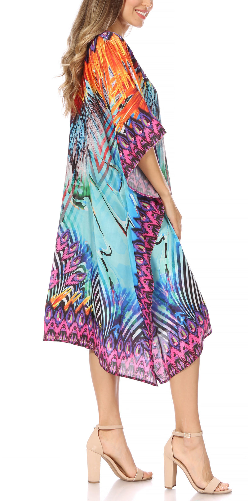 Sakkas Miui Ligthweight Rhinestone V Neck Printed Short Caftan Dress / Cover Up