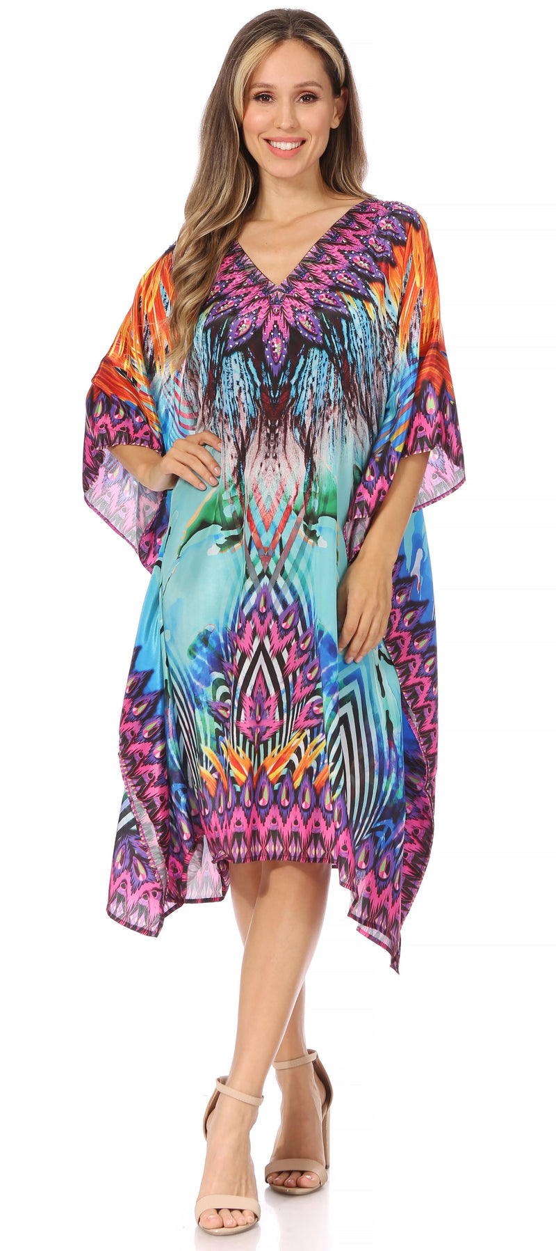 Sakkas Miui Ligthweight Rhinestone V Neck Printed Short Caftan Dress / Cover Up