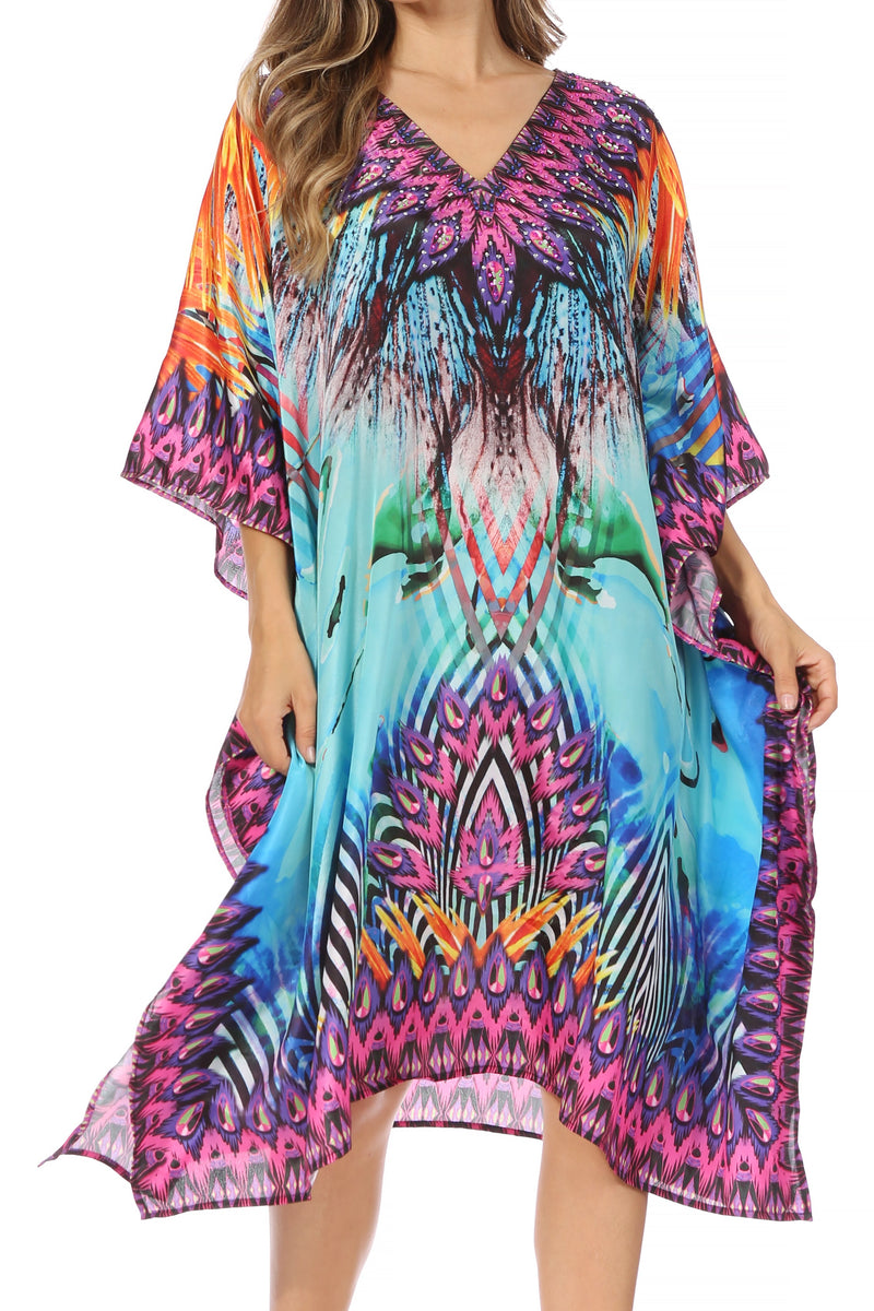 Sakkas Miui Ligthweight Rhinestone V Neck Printed Short Caftan Dress / Cover Up