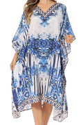 Sakkas Miui Ligthweight Rhinestone V Neck Printed Short Caftan Dress / Cover Up#color_SB51-Blue