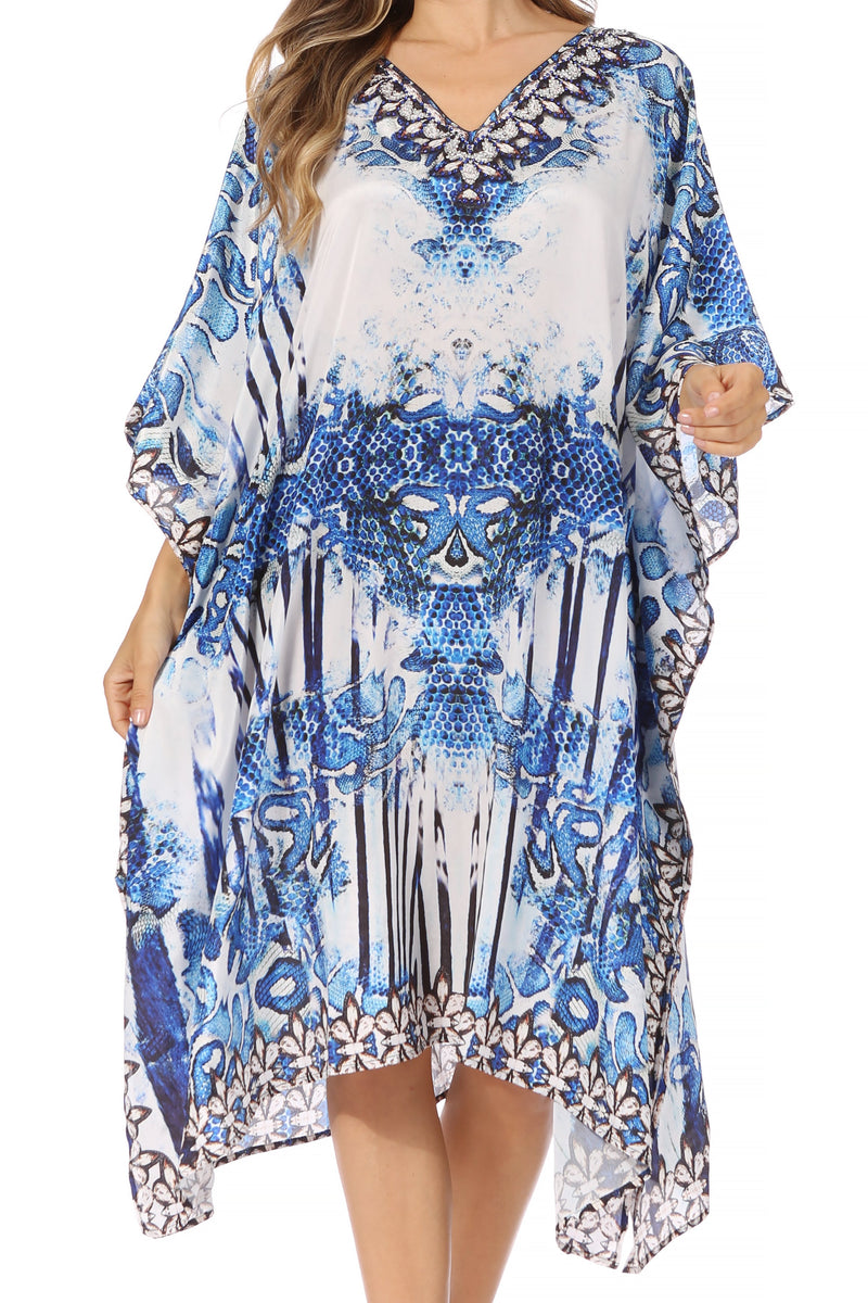 Sakkas Miui Ligthweight Rhinestone V Neck Printed Short Caftan Dress / Cover Up